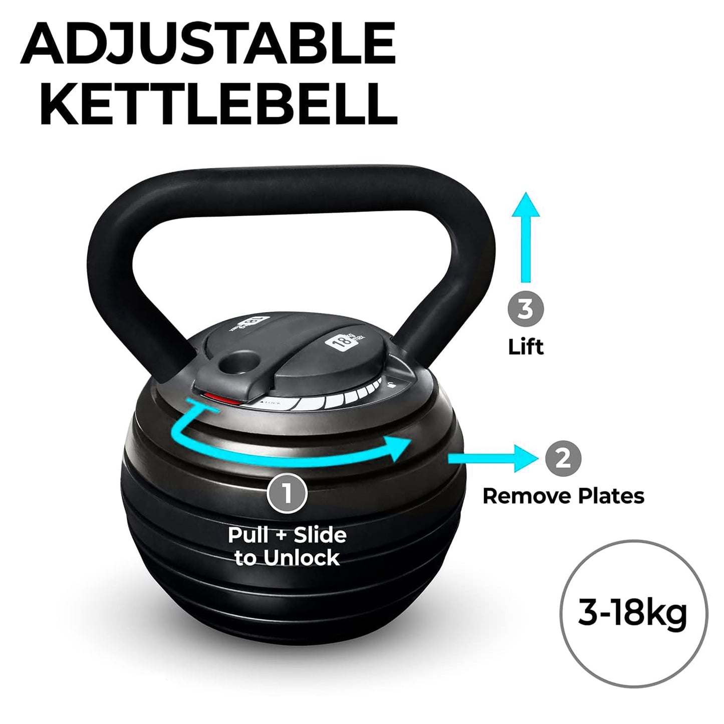 Heavy Duty Adjustable Kettlebell – 18kg Weight Training Tool with Quick-Lock | Ideal for Total Body Conditioning, Muscle Building, and Endurance at Home or in the Gym