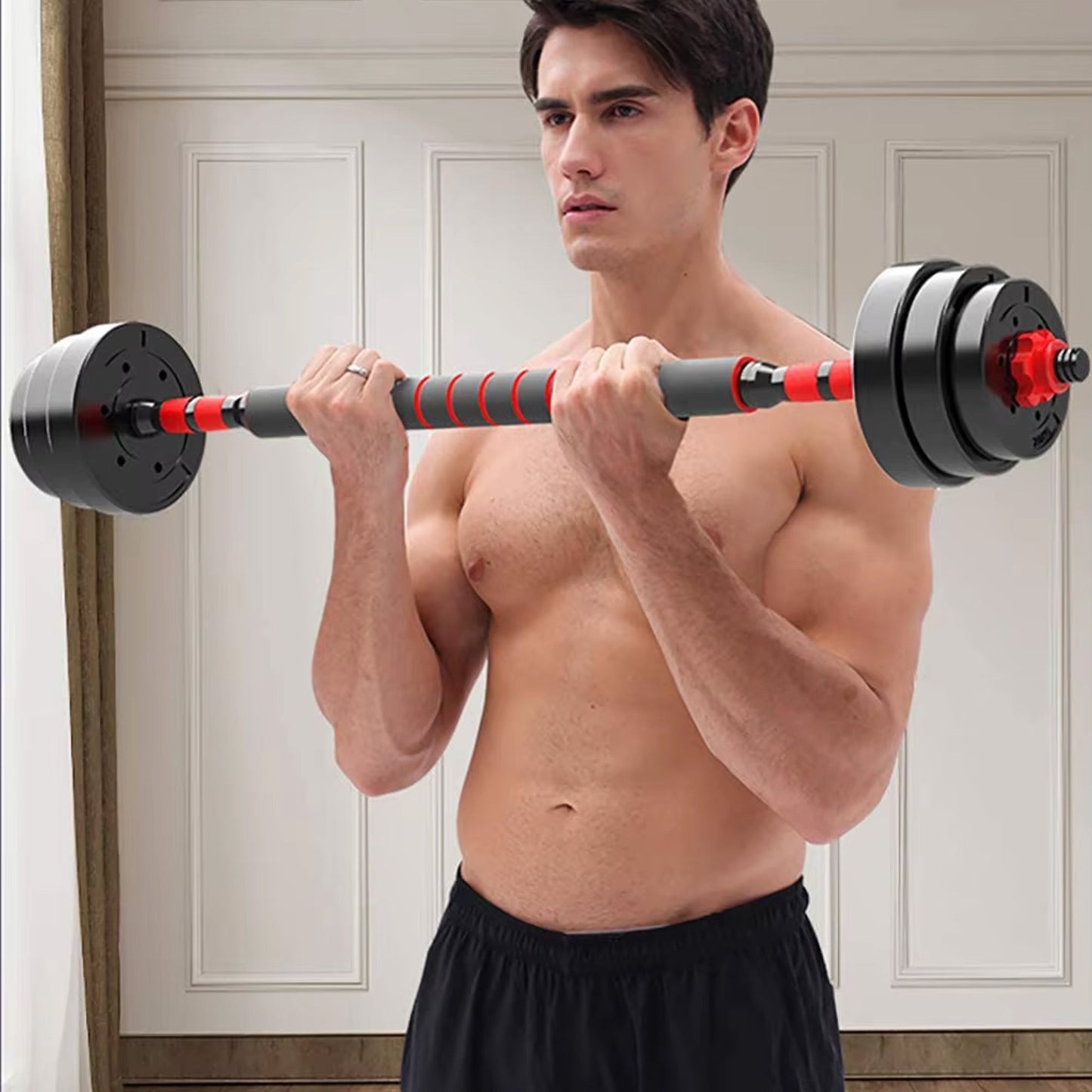 Versatile Fitness Weight Set – 30/25/20 kg Adjustable Vinyl-Coated Dumbbells & Barbell with Connector, Anti-Slip Grip, Ideal for Home Strength Training