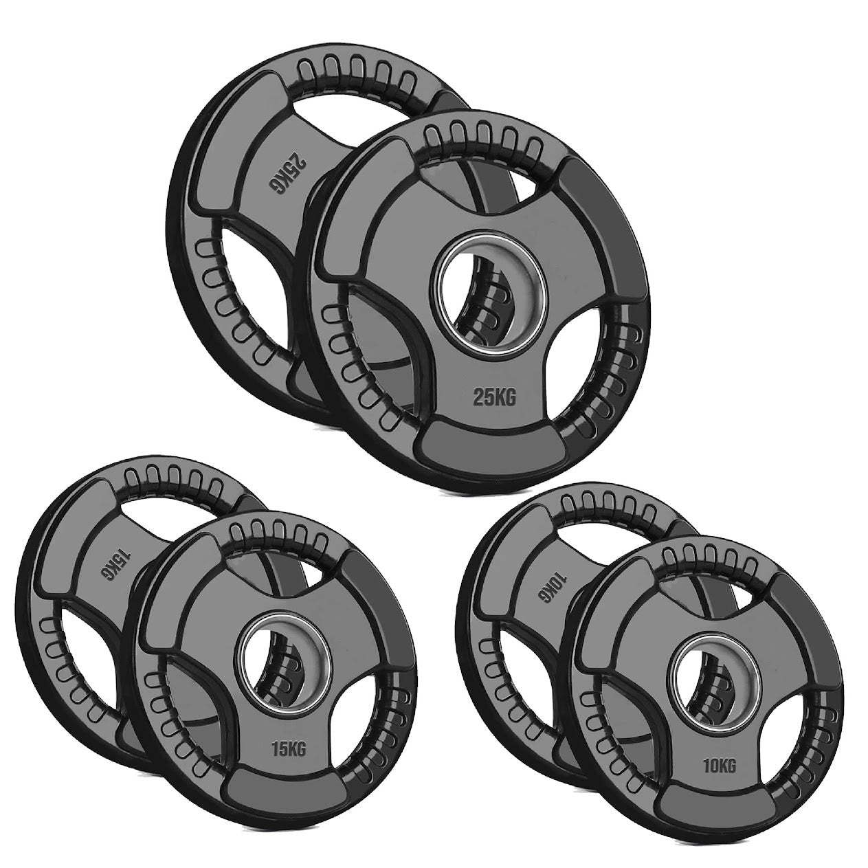 Olympic Tri-Grip Weight Plate – 2” Hole Black Rubber-Coated Cast Iron Plates for Barbell & Dumbbell Workouts | Ideal for Deadlifts, Squats & Strength Training Exercises