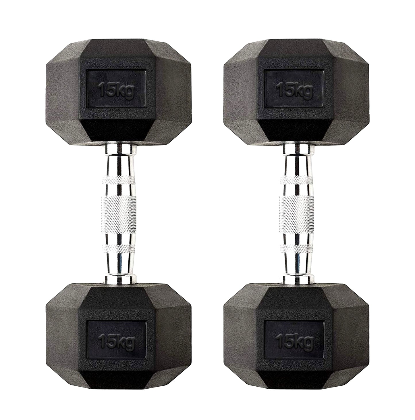 Rubber Coated Hex Dumbbell 15 kg – Cast Iron Core, Anti Roll Heads, Chrome Knurled Grip for Home Gym Strength Training
