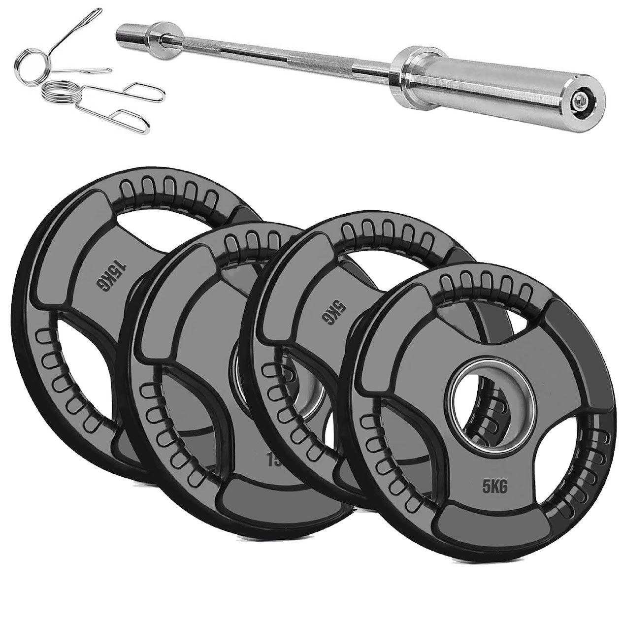 Olympic Tri-Grip Weight Plate – 2” Hole Black Rubber-Coated Cast Iron Plates for Barbell & Dumbbell Workouts | Ideal for Deadlifts, Squats & Strength Training Exercises