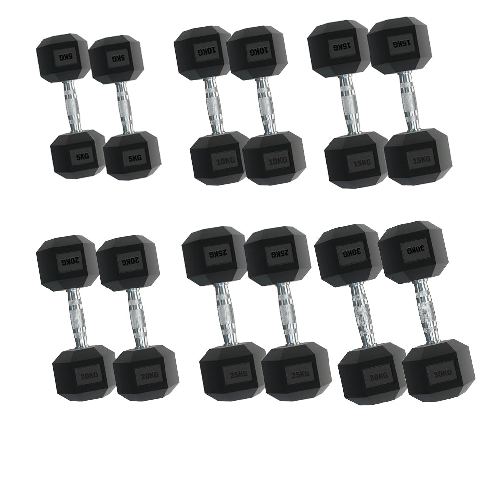 Hex Dumbbell Set 6 Pairs (2.5kg–30kg) – Rubber-Coated Anti-Roll Weights with Optional Compact Vertical Rack – Strength Training for Home Gym Use