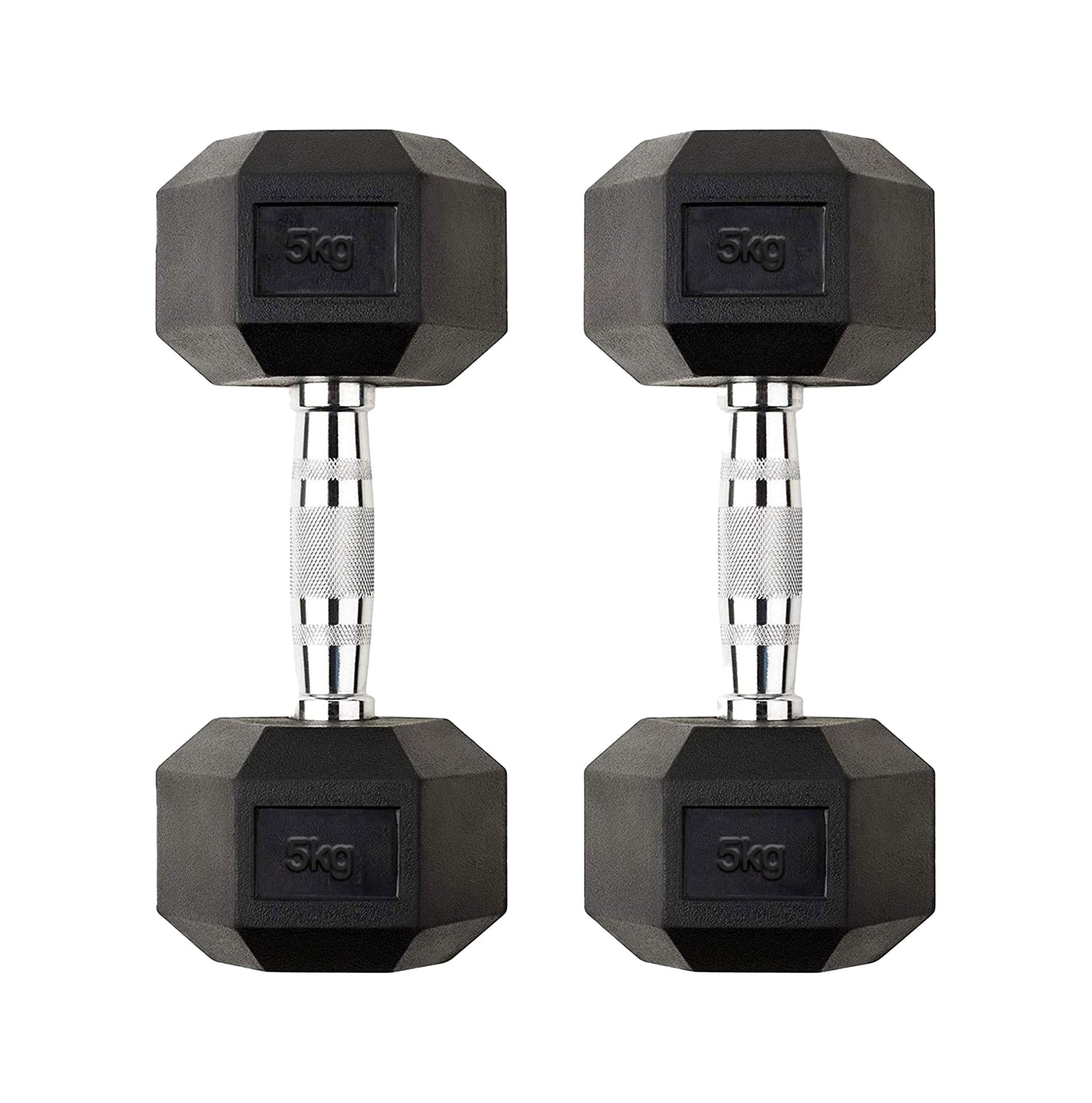 5 kg Rubber Coated Hex Dumbbell – Solid Cast Iron, Anti Roll Design, Knurled Chrome Handle for Strength Training in Home or Garage Gym
