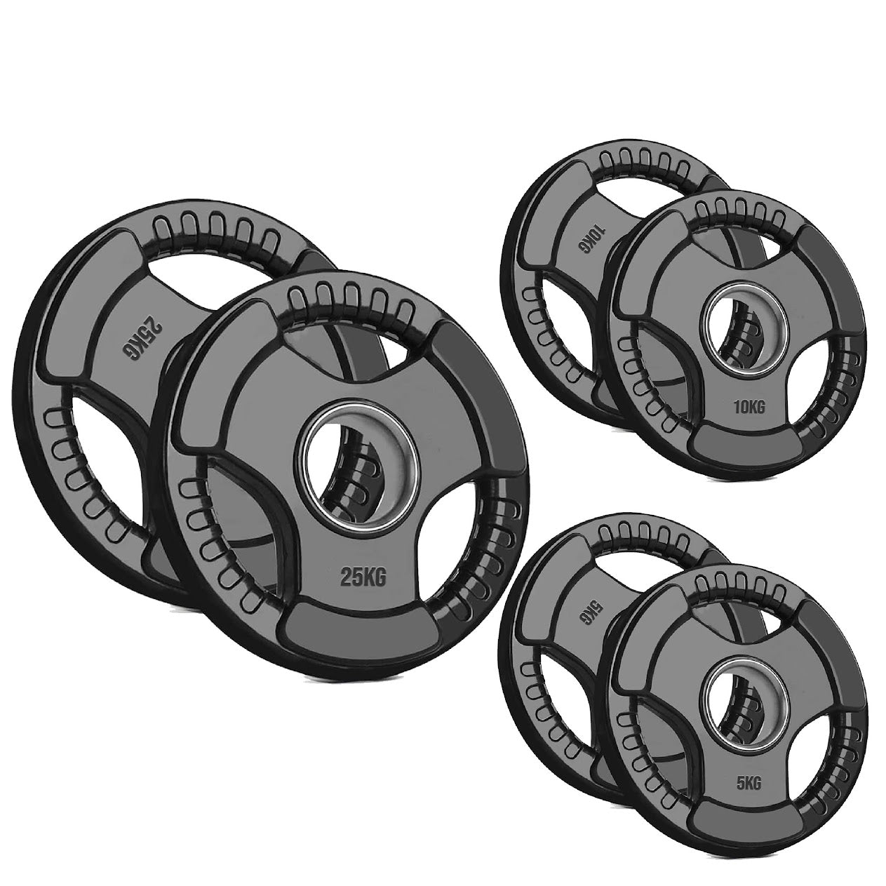 Olympic Tri-Grip Weight Plate – 2” Hole Black Rubber-Coated Cast Iron Plates for Barbell & Dumbbell Workouts | Ideal for Deadlifts, Squats & Strength Training Exercises