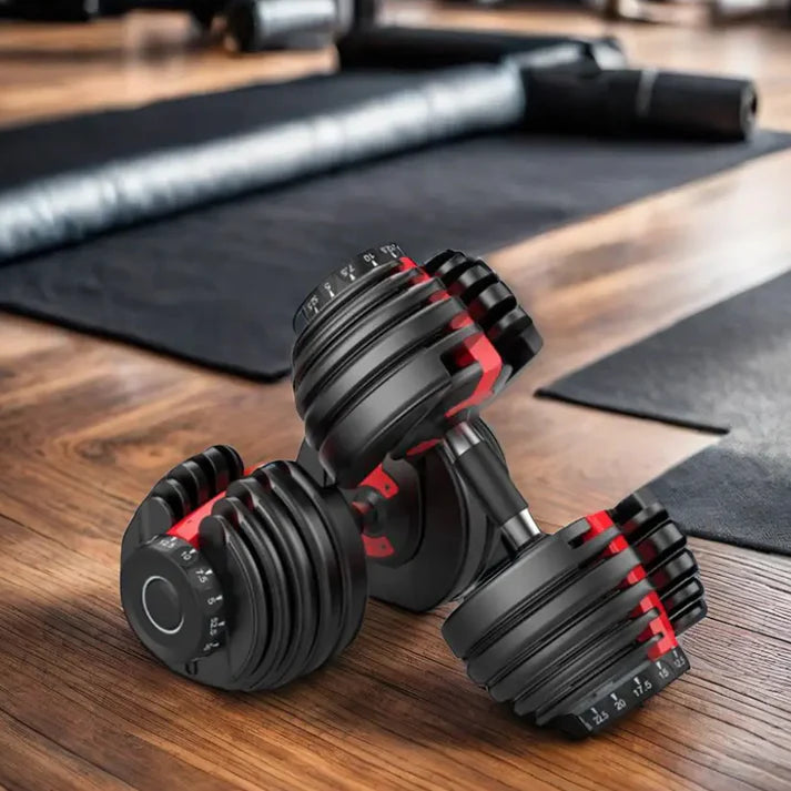 Pair of adjustable dumbbells on a wooden floor with exercise mats in the background