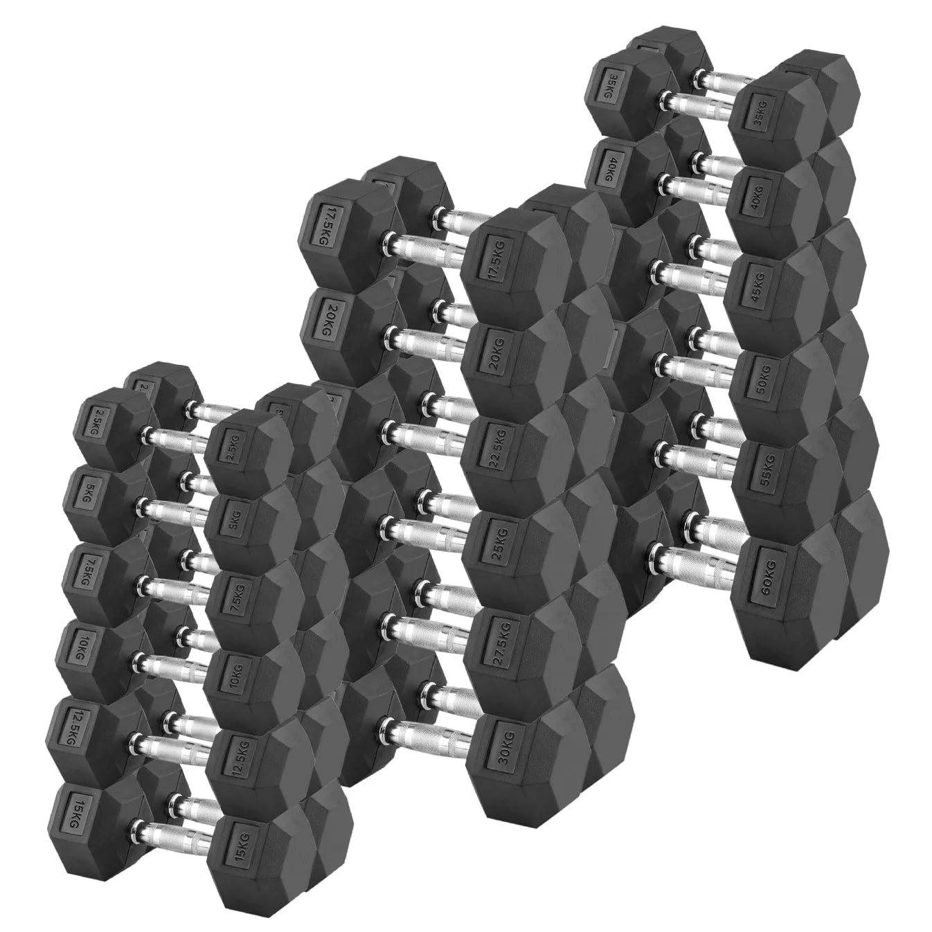 Hex Dumbbells 2.5kg–60kg Sets or Pairs – Rubber-Coated Anti-Roll Weights without Rack – Chrome Knurled Grip for Strength Training at Home Gym