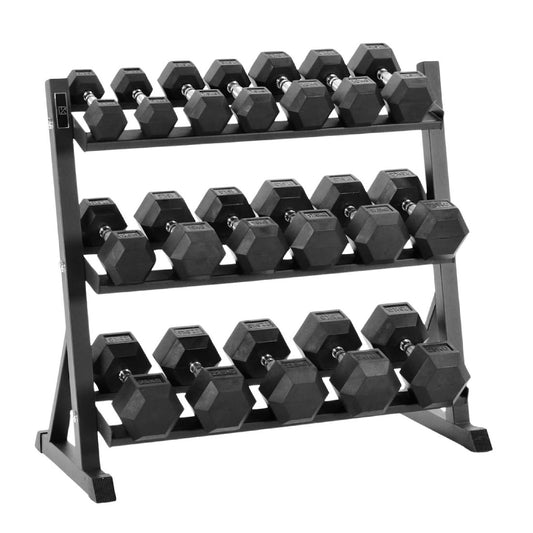 Hex Dumbbell Set with Optional 3-Tier Rack – Rubber-Coated Anti-Roll Dumbbells (2.5kg–30kg) for Strength Training in Home Gym or Studio