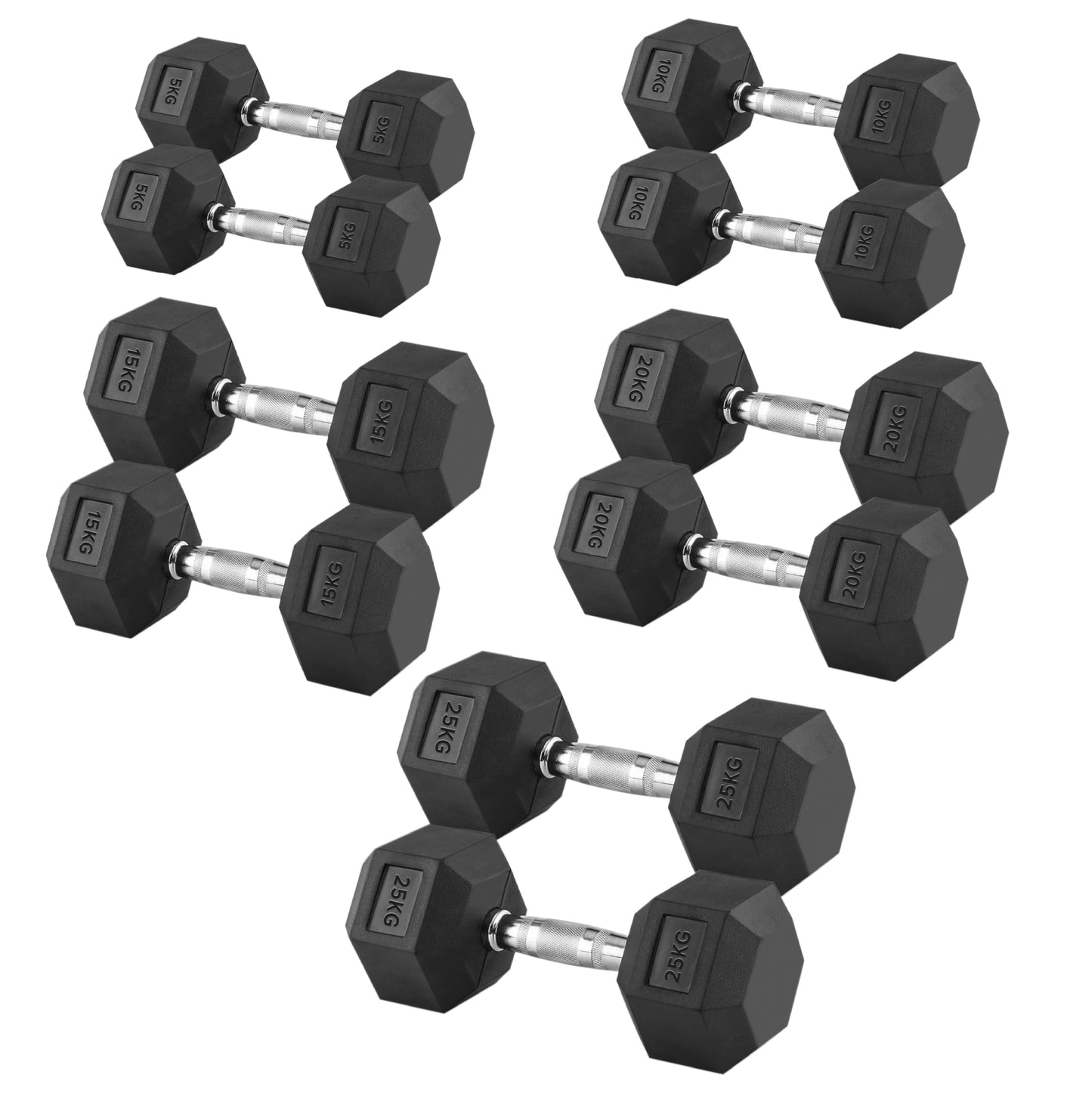 Hex Dumbbell Set 5 Pairs Rubber-Coated Cast Iron with Optional 5 Tier Rack – Anti-Roll Weights for Strength Training – Compact Storage for Home Gyms