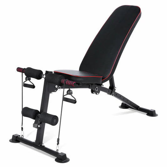 Black adjustable weight bench with red accents on a white background