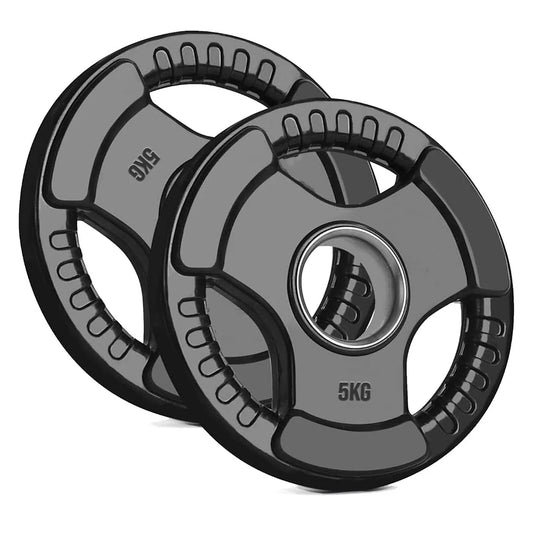 Two 5kg weight plates on a white background