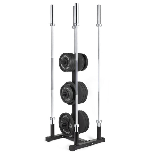 Organize Olympic Plates & Barbells with 3-Tier Weight Rack | 200kg Capacity | Space-Saving Bar Stand with Durable Black Finish for Home Gym Storage