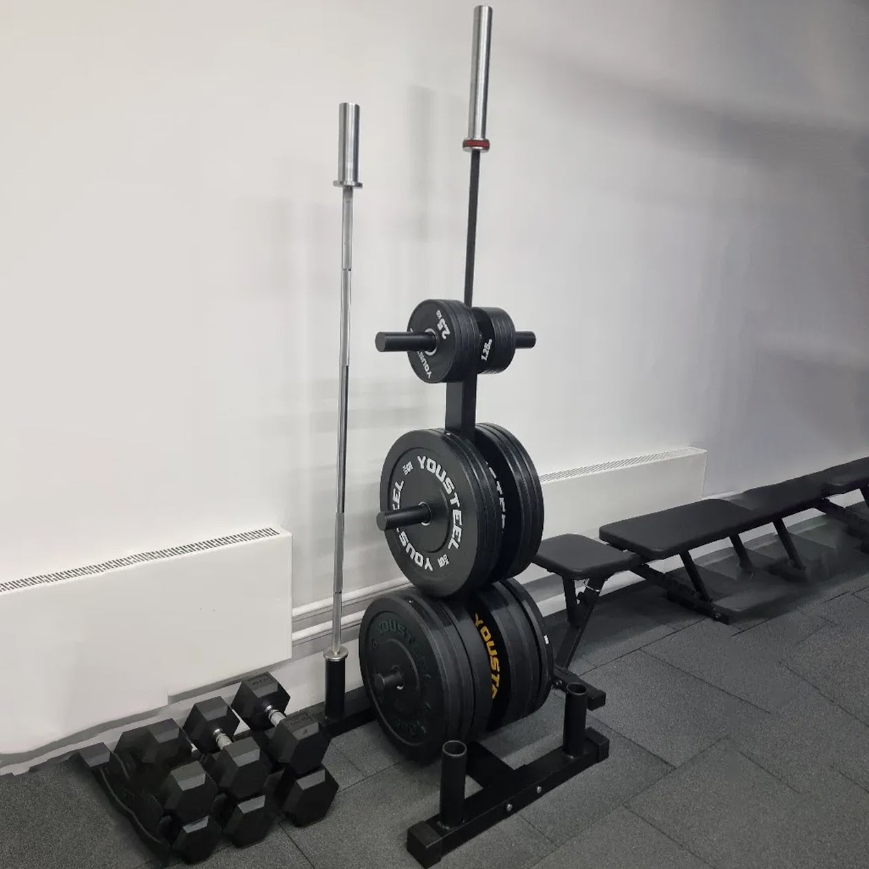 Organize Olympic Plates & Barbells with 3-Tier Weight Rack | 200kg Capacity | Space-Saving Bar Stand with Durable Black Finish for Home Gym Storage