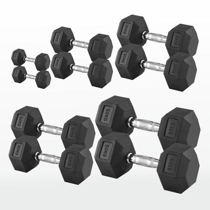 Hex Dumbbells 2.5kg–60kg Sets or Pairs – Rubber-Coated Anti-Roll Weights with Rack or Without – Chrome Knurled Grip for Strength Training at Home Gym