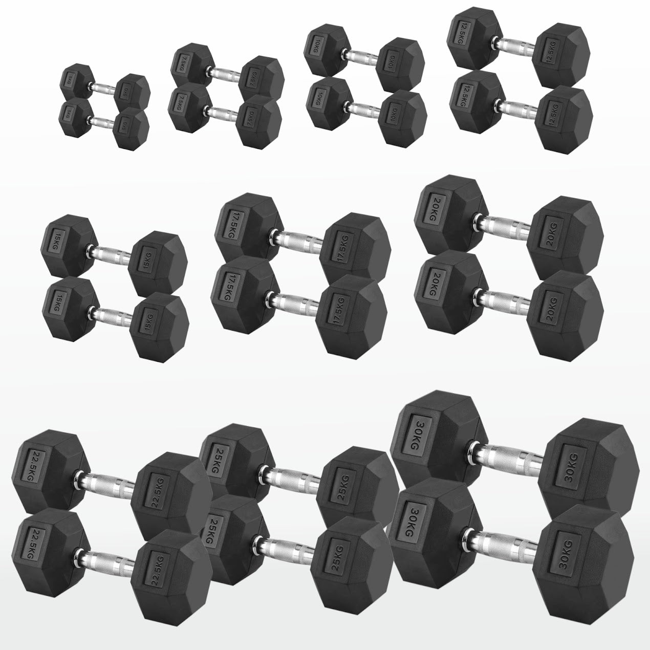 Hex Dumbbells 2.5kg–60kg Sets or Pairs – Rubber-Coated Anti-Roll Weights with Rack or Without – Chrome Knurled Grip for Strength Training at Home Gym