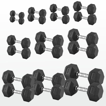 Hex Dumbbells 2.5kg–60kg Sets or Pairs – Rubber-Coated Anti-Roll Weights with Rack or Without – Chrome Knurled Grip for Strength Training at Home Gym