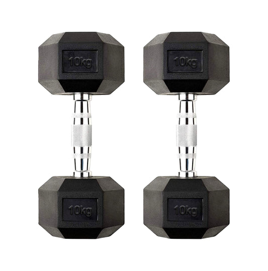 Home Gym 10 kg Hex Dumbbell – Rubber Coated Cast Iron with Anti Roll Design and Chrome Knurled Grip for Effective Training