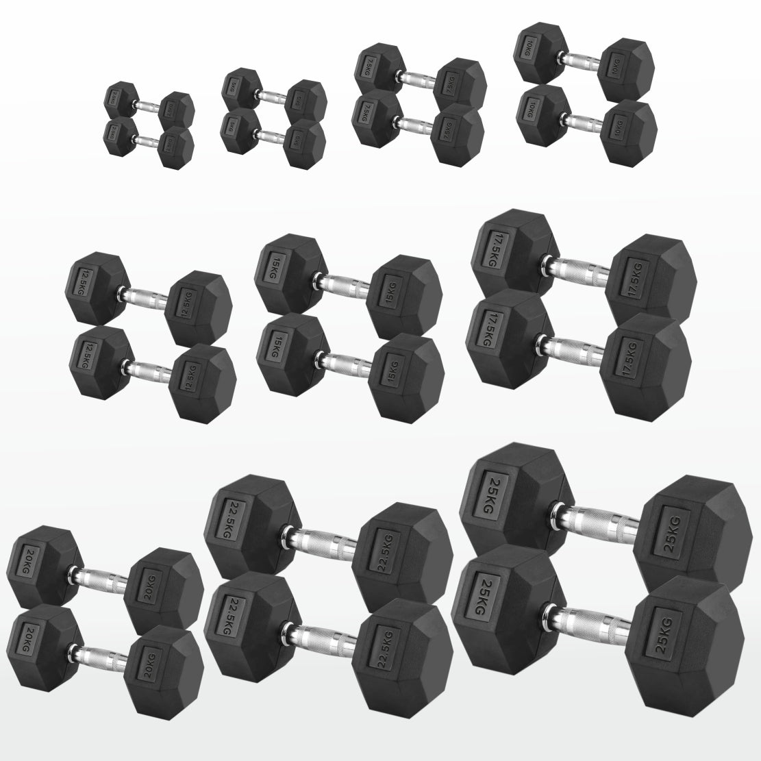 Hex Dumbbells 2.5kg–60kg Sets or Pairs – Rubber-Coated Anti-Roll Weights with Rack or Without – Chrome Knurled Grip for Strength Training at Home Gym