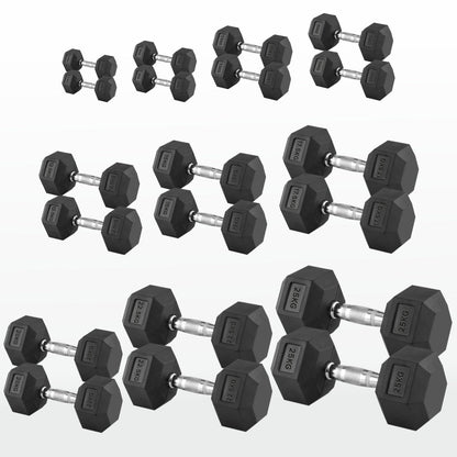 Hex Dumbbells 2.5kg–60kg Sets or Pairs – Rubber-Coated Anti-Roll Weights with Rack or Without – Chrome Knurled Grip for Strength Training at Home Gym