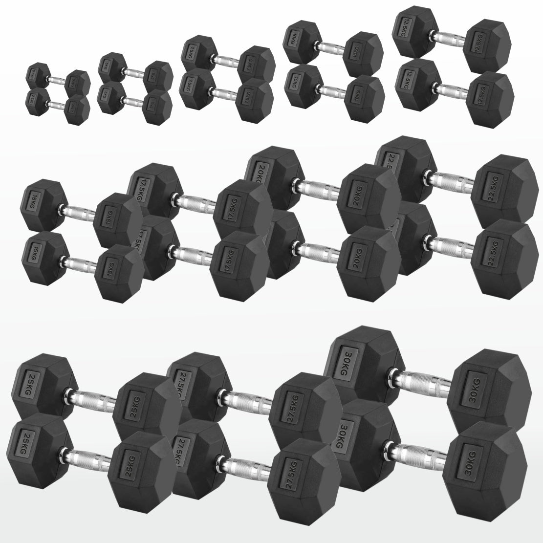 Hex Dumbbells 2.5kg–60kg Sets or Pairs – Rubber-Coated Anti-Roll Weights with Rack or Without – Chrome Knurled Grip for Strength Training at Home Gym