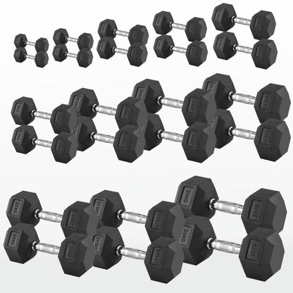 Hex Dumbbells 2.5kg–60kg Sets or Pairs – Rubber-Coated Anti-Roll Weights with Rack or Without – Chrome Knurled Grip for Strength Training at Home Gym