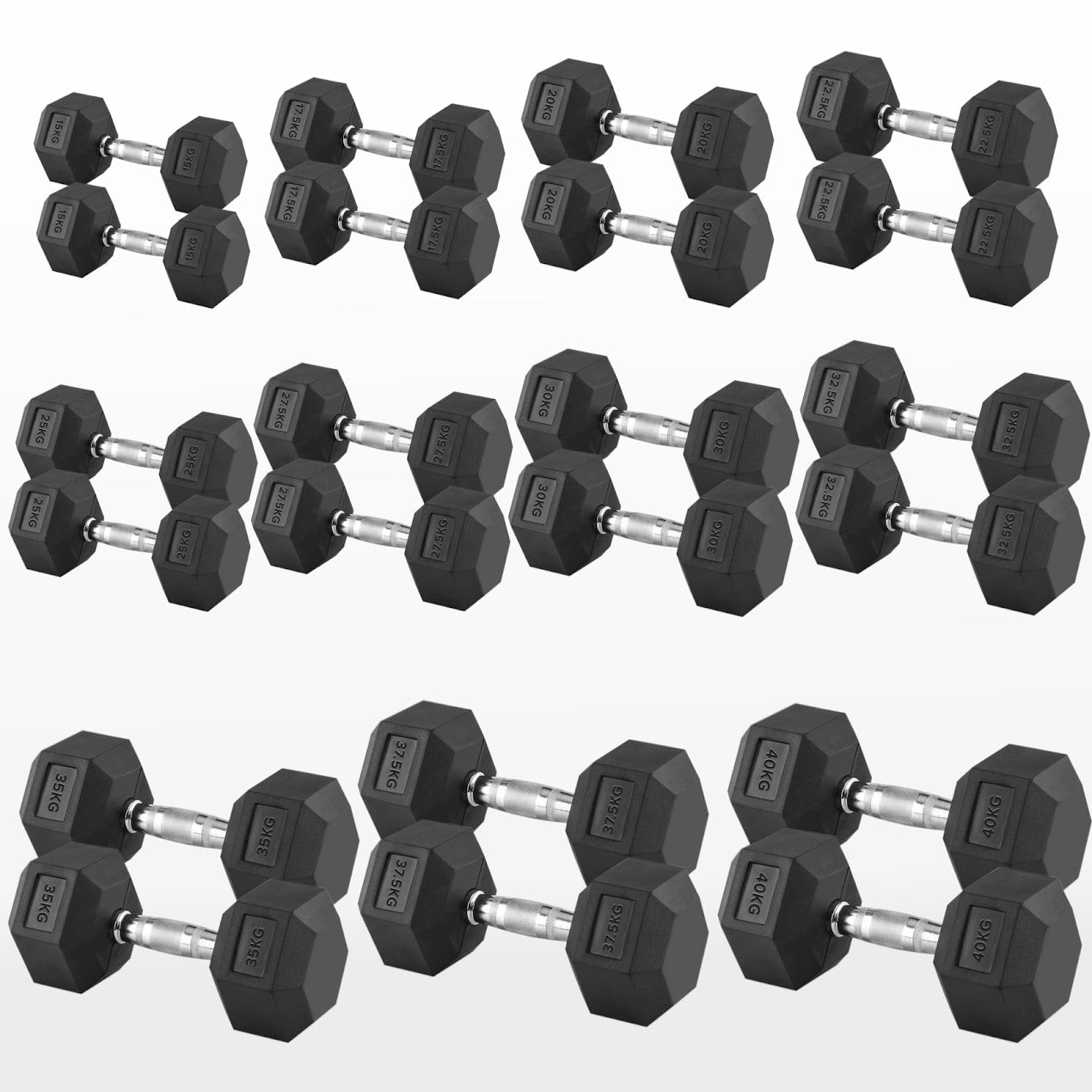 Hex Dumbbells 2.5kg–60kg Sets or Pairs – Rubber-Coated Anti-Roll Weights with Rack or Without – Chrome Knurled Grip for Strength Training at Home Gym