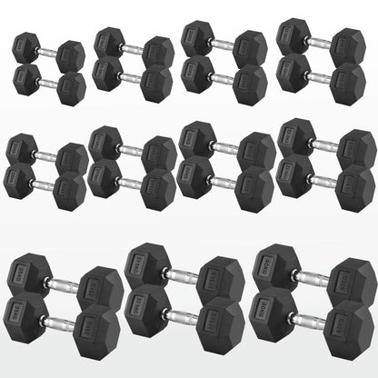 Hex Dumbbells 2.5kg–60kg Sets or Pairs – Rubber-Coated Anti-Roll Weights with Rack or Without – Chrome Knurled Grip for Strength Training at Home Gym