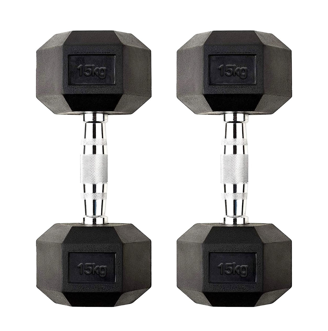 Hex Dumbbells 2.5kg–60kg Sets or Pairs – Rubber-Coated Anti-Roll Weights with Rack or Without – Chrome Knurled Grip for Strength Training at Home Gym