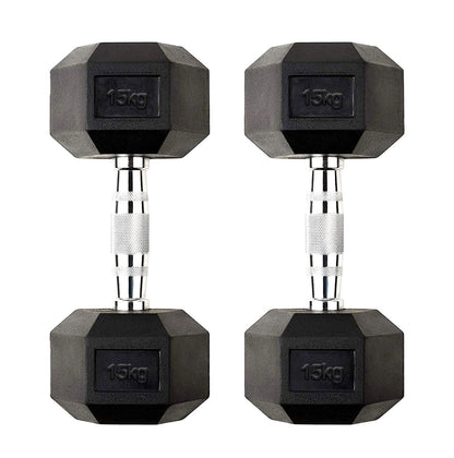 Hex Dumbbells 2.5kg–60kg Sets or Pairs – Rubber-Coated Anti-Roll Weights with Rack or Without – Chrome Knurled Grip for Strength Training at Home Gym