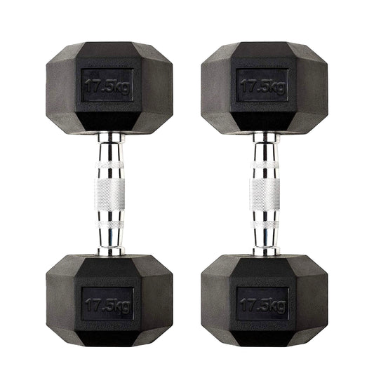 17.5 kg Rubber Coated Hex Dumbbell – Solid Cast Iron, Anti Roll Design, Knurled Chrome Handle for Strength Training in Home Gym or Studio