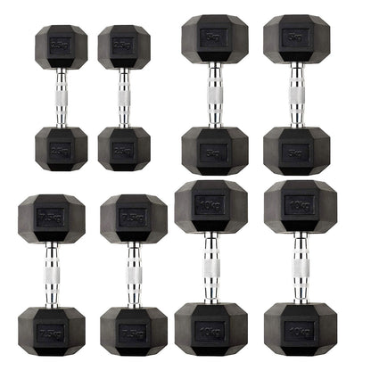 Hex Dumbbells 2.5kg–60kg Sets or Pairs – Rubber-Coated Anti-Roll Weights with Rack or Without – Chrome Knurled Grip for Strength Training at Home Gym