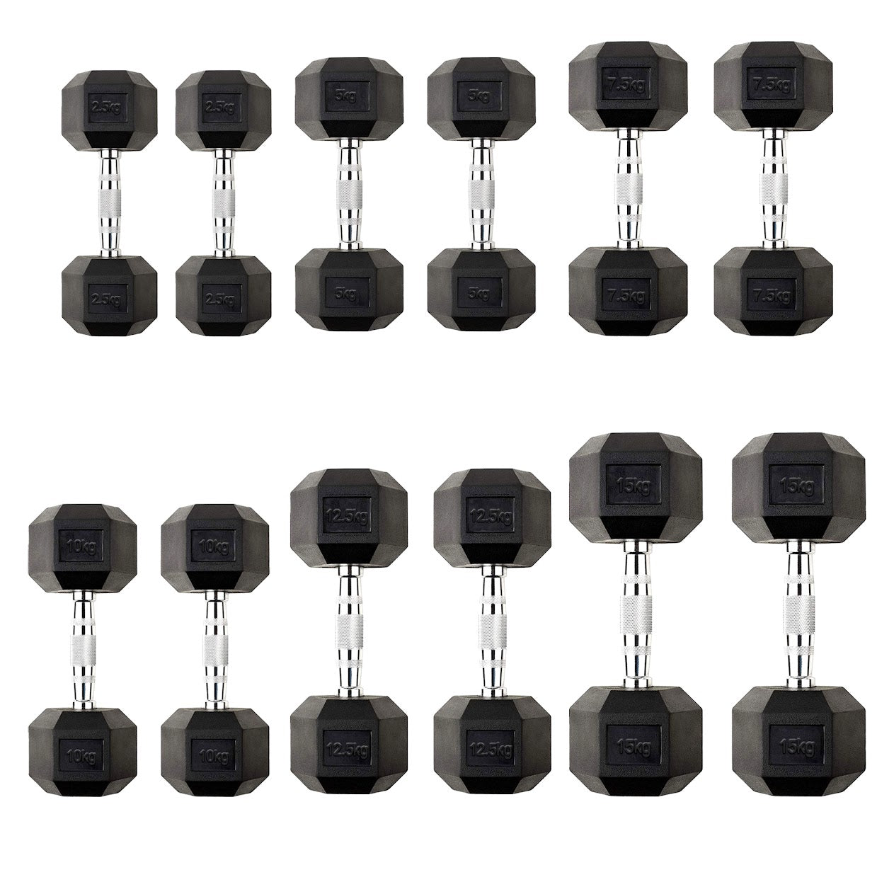 Hex Dumbbells 2.5kg–60kg Sets or Pairs – Rubber-Coated Anti-Roll Weights with Rack or Without – Chrome Knurled Grip for Strength Training at Home Gym