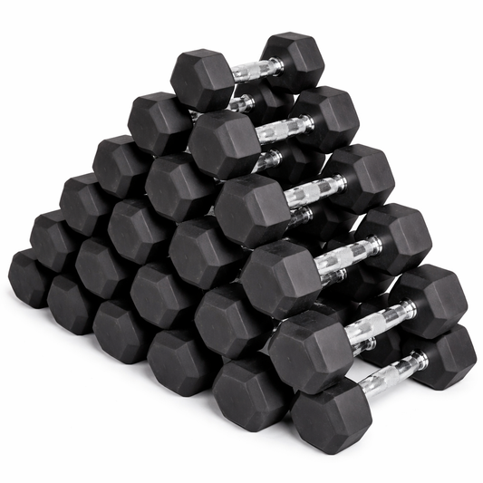Stack of black hex dumbbells on a white background