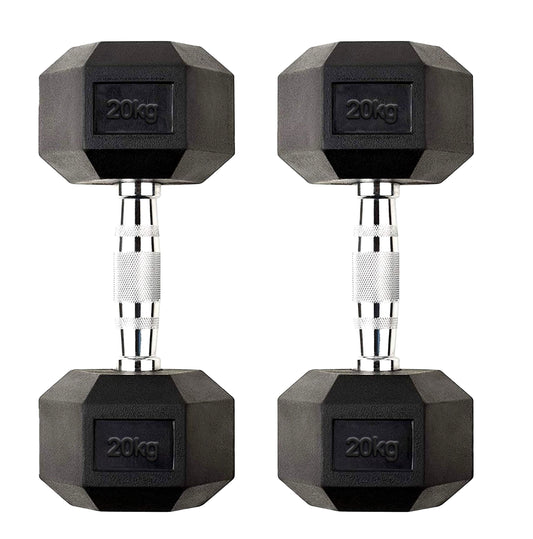20 kg Rubber Coated Hex Dumbbell – Solid Cast Iron, Anti Roll Design, Knurled Chrome Handle for Strength Training in Home Gym or Studio