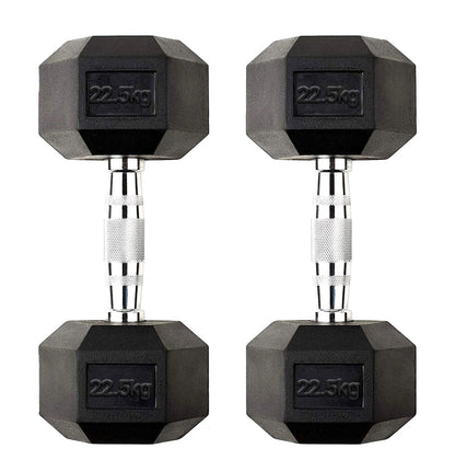Hex Dumbbells 2.5kg–60kg Sets or Pairs – Rubber-Coated Anti-Roll Weights with Rack or Without – Chrome Knurled Grip for Strength Training at Home Gym