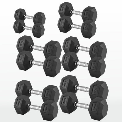 Hex Dumbbells 2.5kg–60kg Sets or Pairs – Rubber-Coated Anti-Roll Weights with Rack or Without – Chrome Knurled Grip for Strength Training at Home Gym