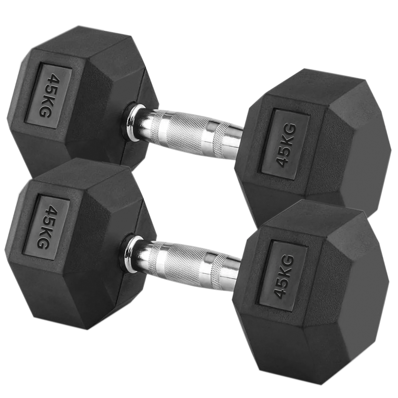 Hex Dumbbells 2.5kg–60kg Sets or Pairs – Rubber-Coated Anti-Roll Weights with Rack or Without – Chrome Knurled Grip for Strength Training at Home Gym
