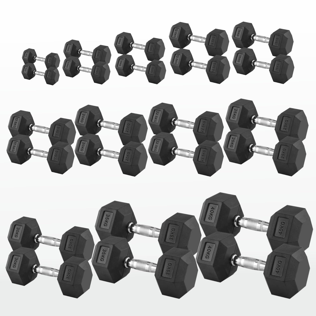 Hex Dumbbells 2.5kg–60kg Sets or Pairs – Rubber-Coated Anti-Roll Weights with Rack or Without – Chrome Knurled Grip for Strength Training at Home Gym