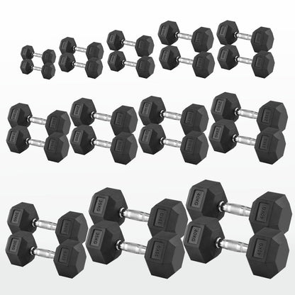 Hex Dumbbells 2.5kg–60kg Sets or Pairs – Rubber-Coated Anti-Roll Weights with Rack or Without – Chrome Knurled Grip for Strength Training at Home Gym