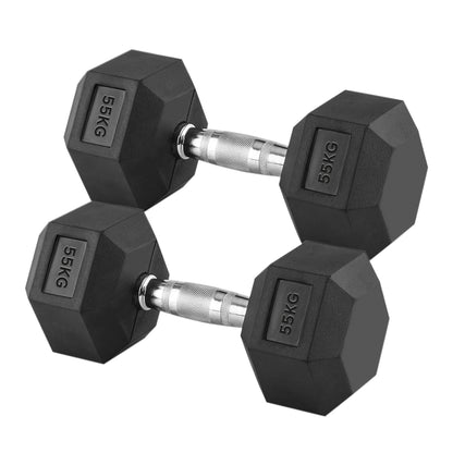 Hex Dumbbells 2.5kg–60kg Sets or Pairs – Rubber-Coated Anti-Roll Weights without Rack – Chrome Knurled Grip for Strength Training at Home Gym