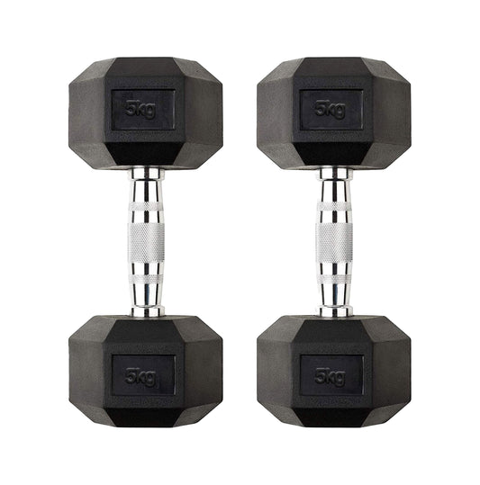 5 kg Rubber Coated Hex Dumbbell – Solid Cast Iron, Anti Roll Design, Knurled Chrome Handle for Strength Training in Home or Garage Gym