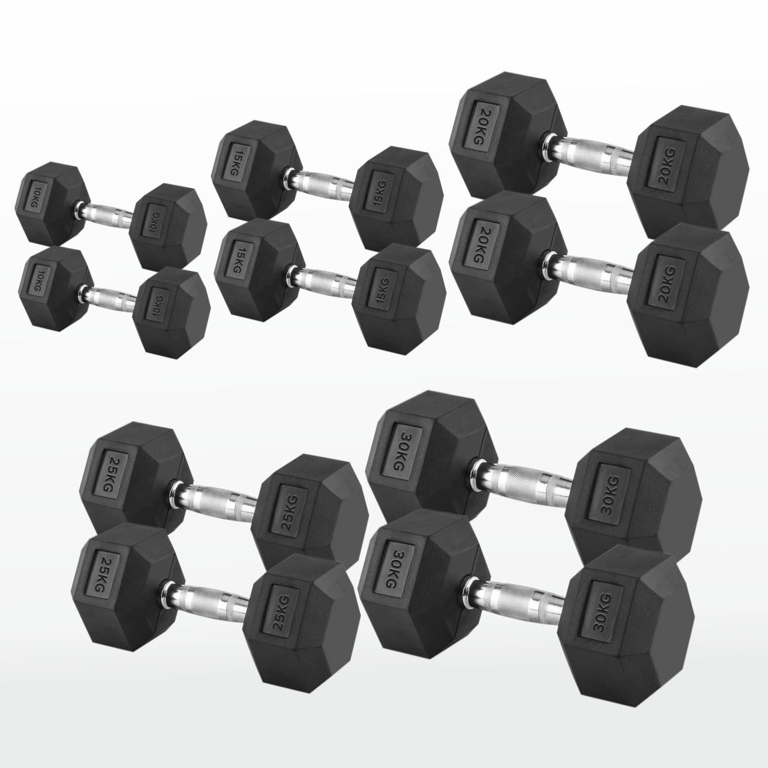 Hex Dumbbells 2.5kg–60kg Sets or Pairs – Rubber-Coated Anti-Roll Weights with Rack or Without – Chrome Knurled Grip for Strength Training at Home Gym