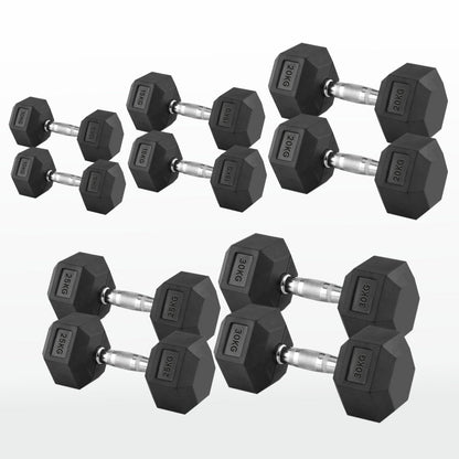 Hex Dumbbells 2.5kg–60kg Sets or Pairs – Rubber-Coated Anti-Roll Weights with Rack or Without – Chrome Knurled Grip for Strength Training at Home Gym