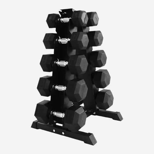 Hex Dumbbell Set 5 Pairs Rubber-Coated Cast Iron with Optional 5 Tier Rack – Anti-Roll Weights for Strength Training – Compact Storage for Home Gyms