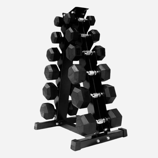 Hex Dumbbell Set 6 Pairs (2.5kg–15kg) – Rubber-Coated Anti-Roll Weights with Optional Compact Vertical Rack – Strength Training for Home Gym Use