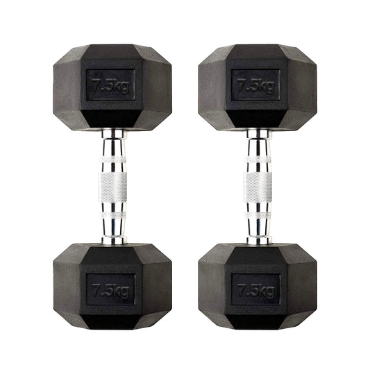 7.5 kg Rubber Coated Hex Dumbbell – Solid Cast Iron, Anti Roll Design, Knurled Chrome Handle for Strength Training in Home or Garage Gym