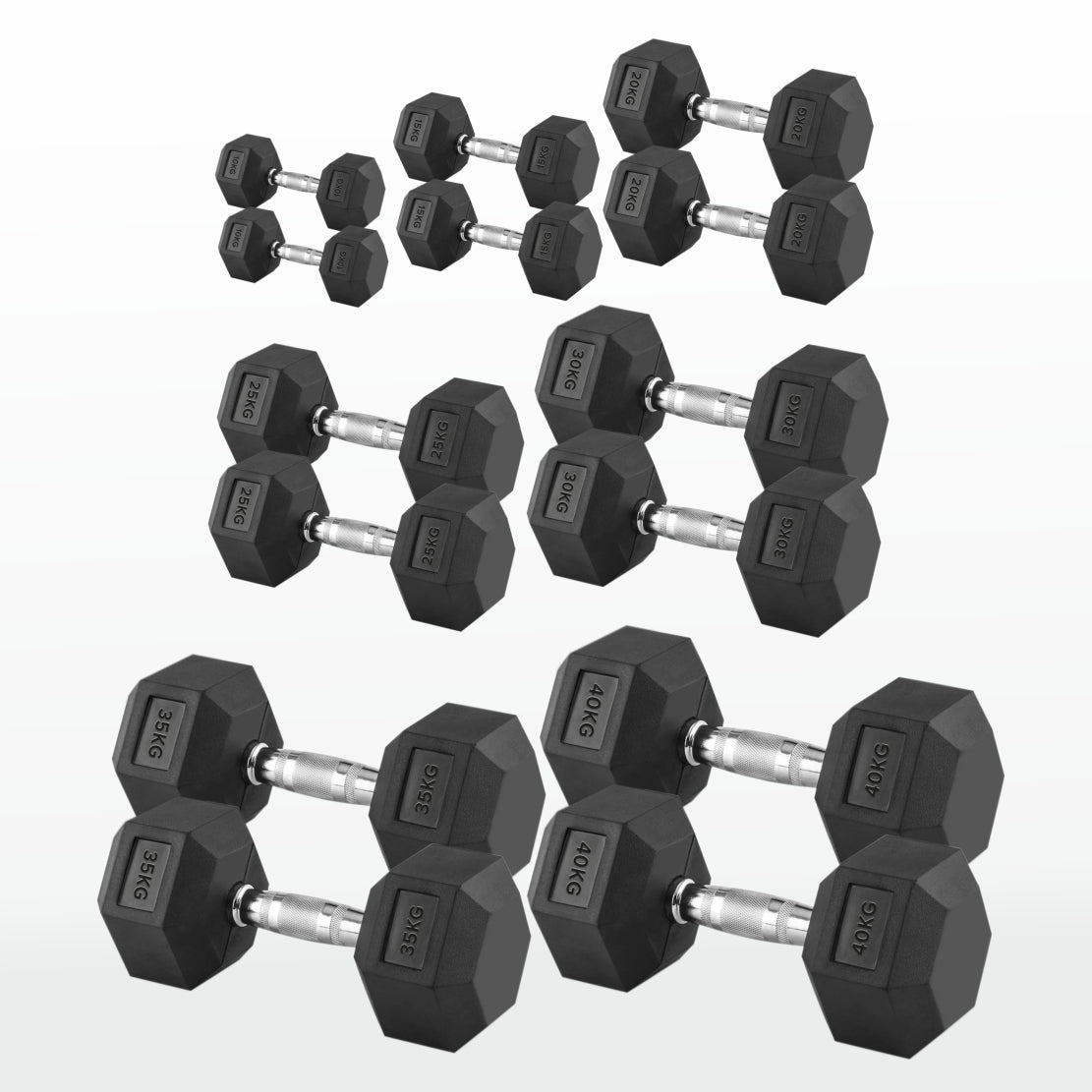 Hex Dumbbells 2.5kg–60kg Sets or Pairs – Rubber-Coated Anti-Roll Weights with Rack or Without – Chrome Knurled Grip for Strength Training at Home Gym