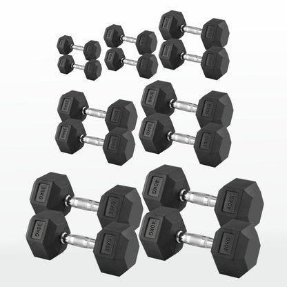 Hex Dumbbells 2.5kg–60kg Sets or Pairs – Rubber-Coated Anti-Roll Weights with Rack or Without – Chrome Knurled Grip for Strength Training at Home Gym