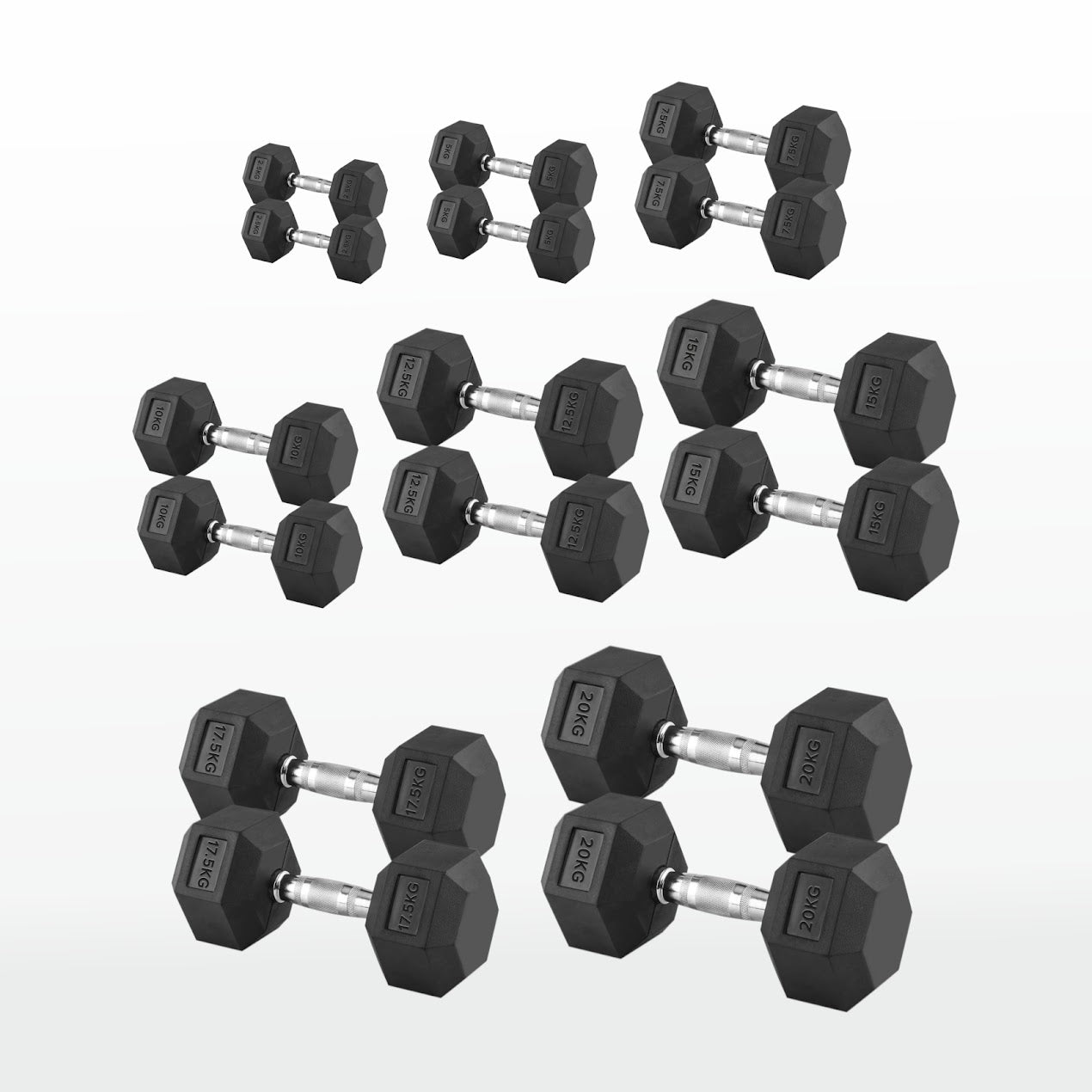 Hex Dumbbells 2.5kg–60kg Sets or Pairs – Rubber-Coated Anti-Roll Weights with Rack or Without – Chrome Knurled Grip for Strength Training at Home Gym