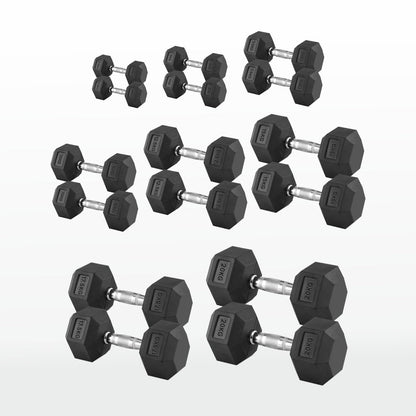 Hex Dumbbells 2.5kg–60kg Sets or Pairs – Rubber-Coated Anti-Roll Weights with Rack or Without – Chrome Knurled Grip for Strength Training at Home Gym