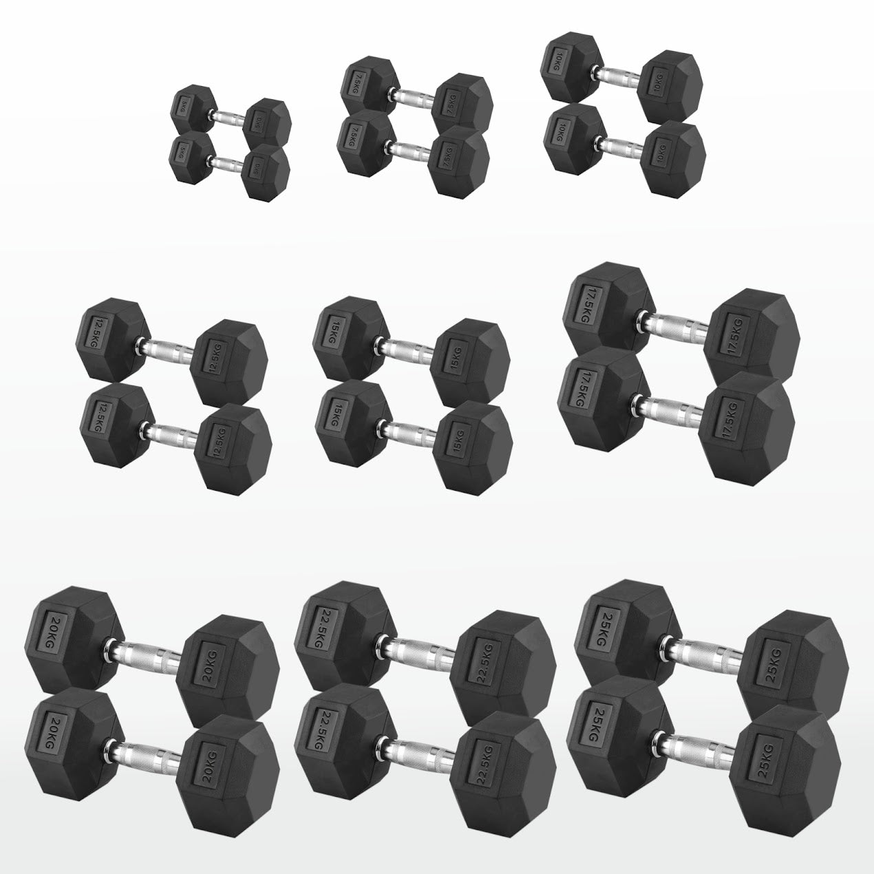 Hex Dumbbells 2.5kg–60kg Sets or Pairs – Rubber-Coated Anti-Roll Weights with Rack or Without – Chrome Knurled Grip for Strength Training at Home Gym